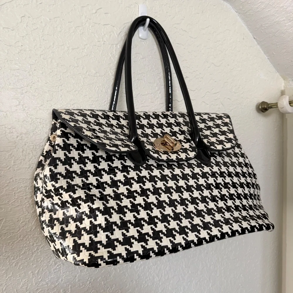 Unbranded Houndstooth Satchel Tote Womens Large Black White Glossy Patent Retro